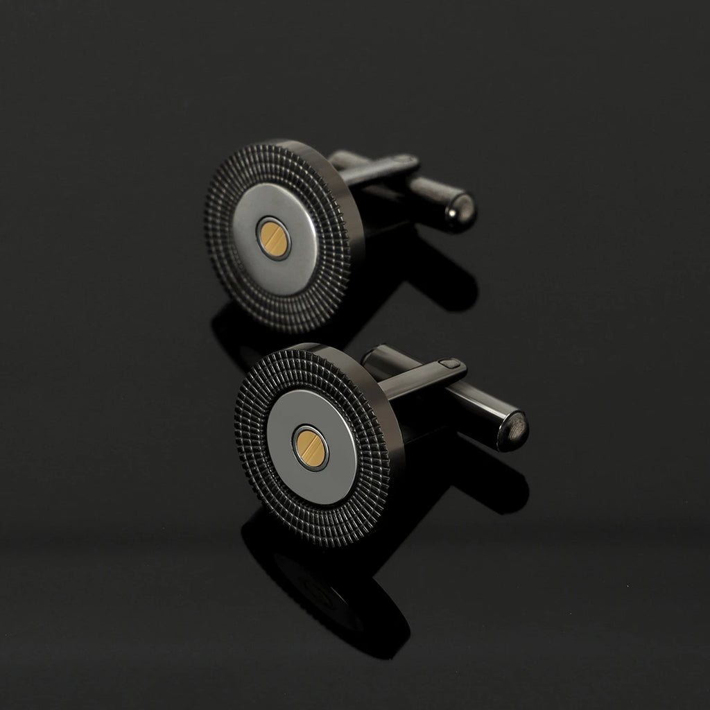 Black Textured Steel Cufflinks with 18K Gold Plated Bar