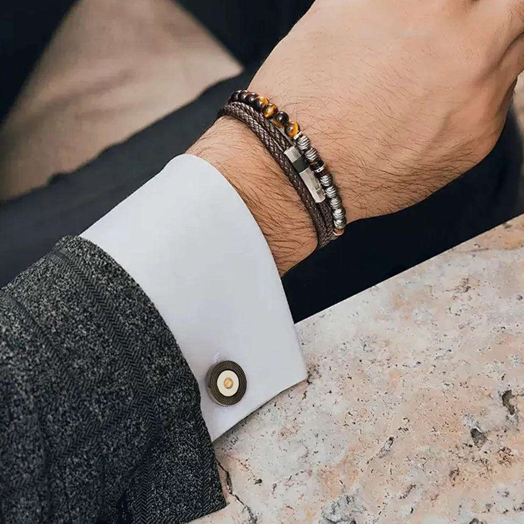 Black Textured Steel Cufflinks with 18K Gold Plated Bar