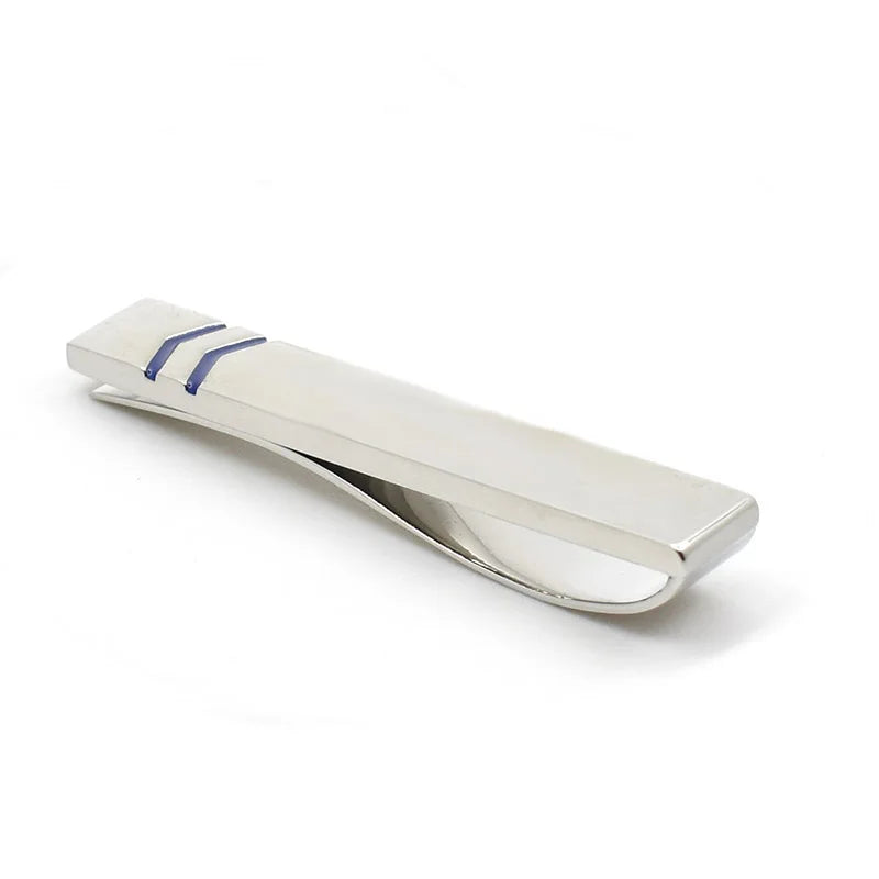 Polished Silver Tie Clip with Blue Chevrons