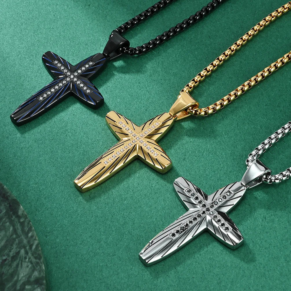 Men's Polished Cross Necklace with Engraved Cubic Zirconia