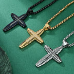 Men's Polished Cross Necklace with Engraved Cubic Zirconia