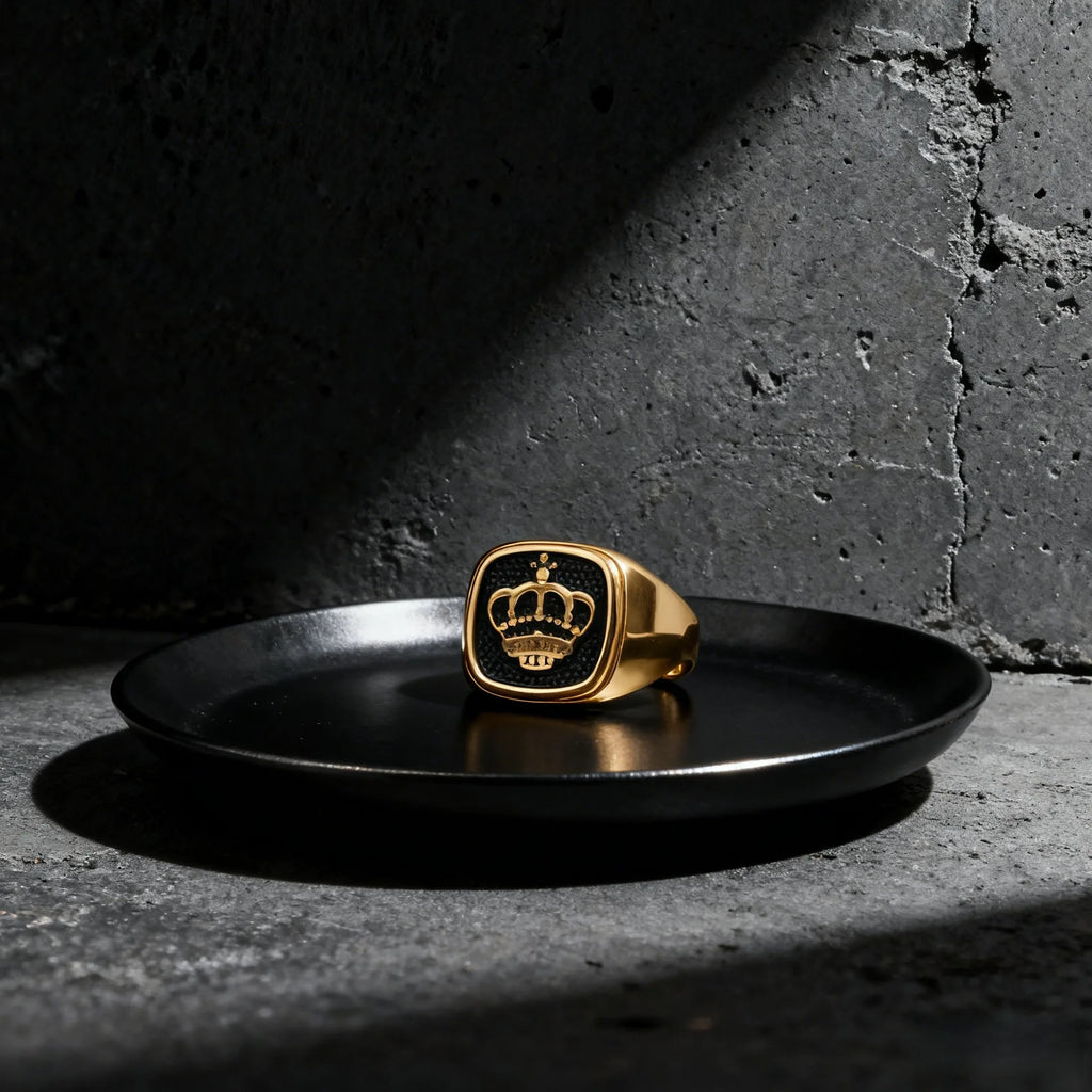 Gold-Plated Stainless Steel Engraved Crown Signet Ring