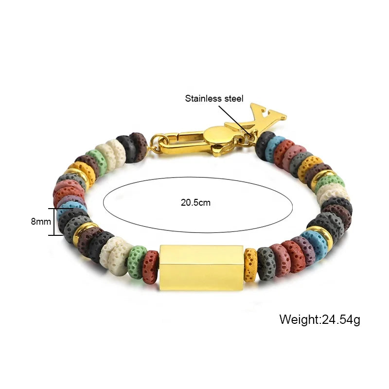 Colorful Volcanic Bead Bracelet with Custom Letter Charm