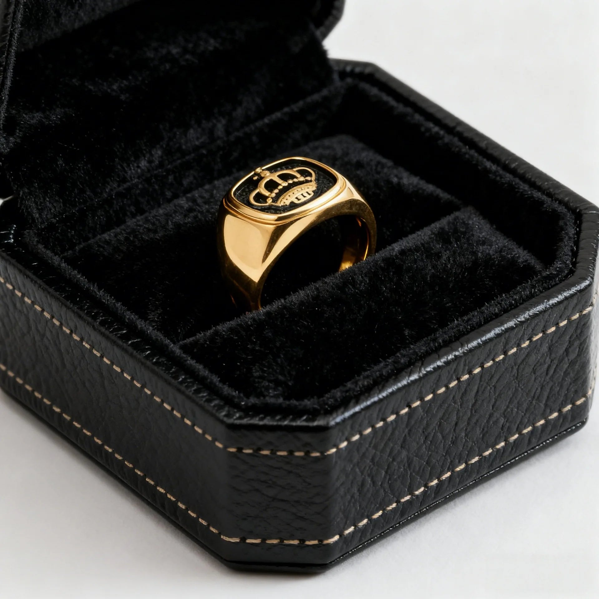 Gold-Plated Stainless Steel Engraved Crown Signet Ring