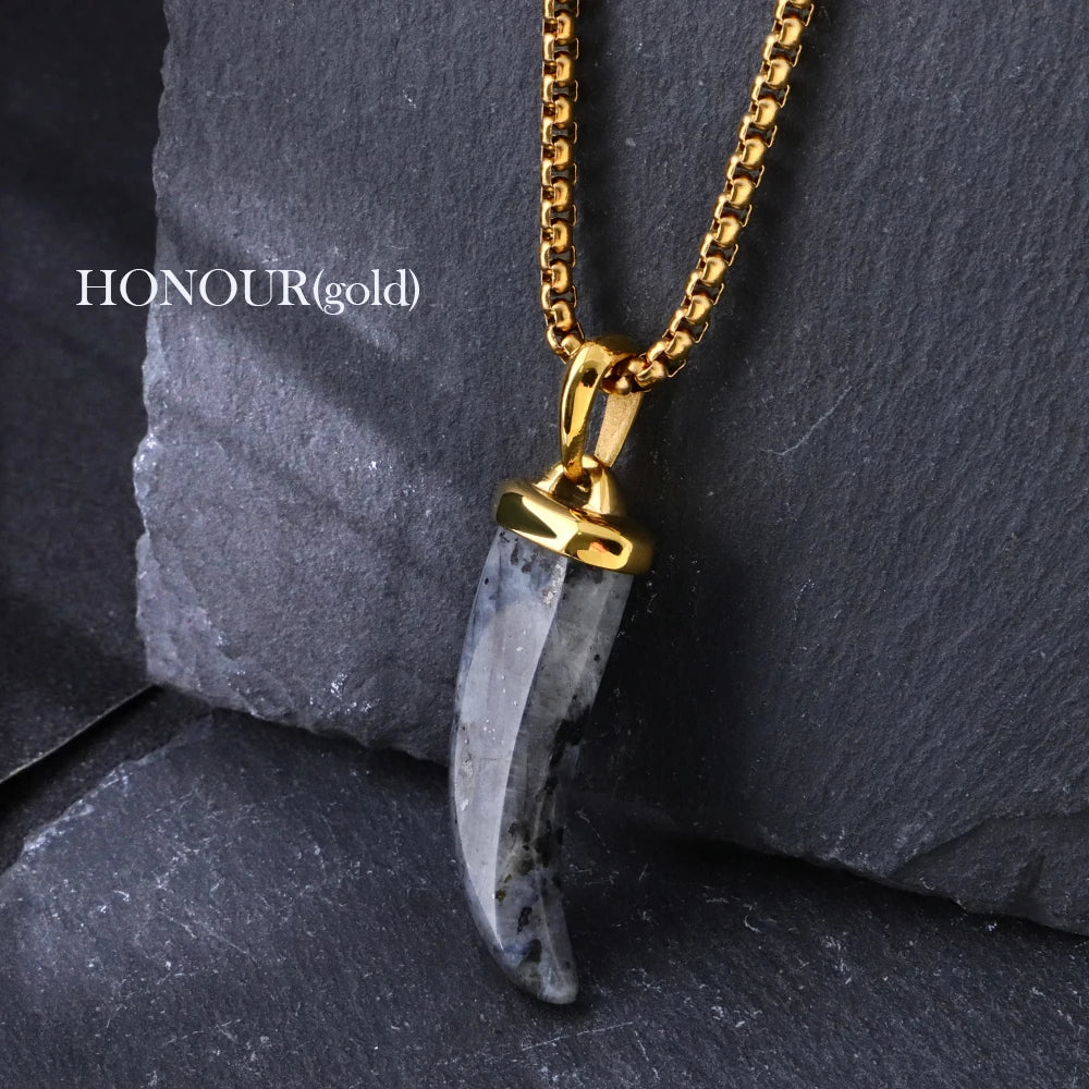 Men's Natural Labradorite Wolf Tooth Pendant Necklace