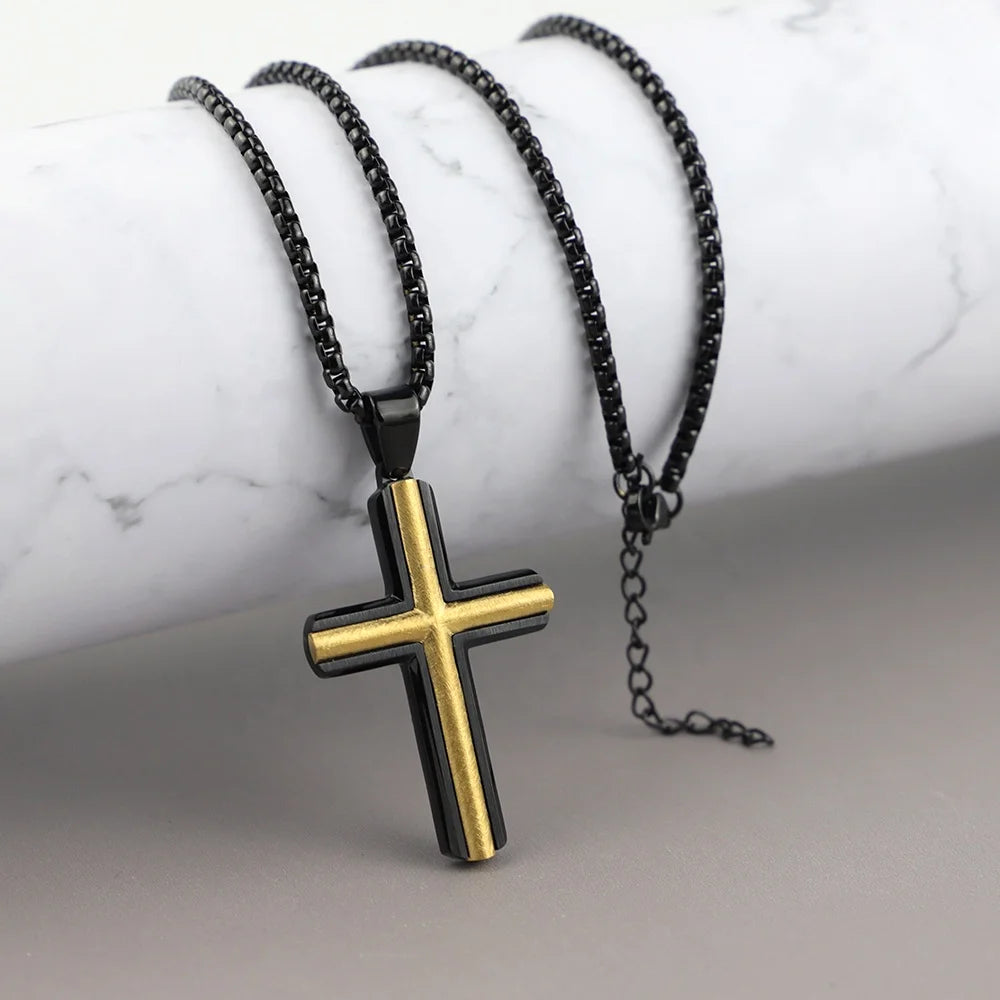 Men's Black and Gold Cross Pendant Necklace