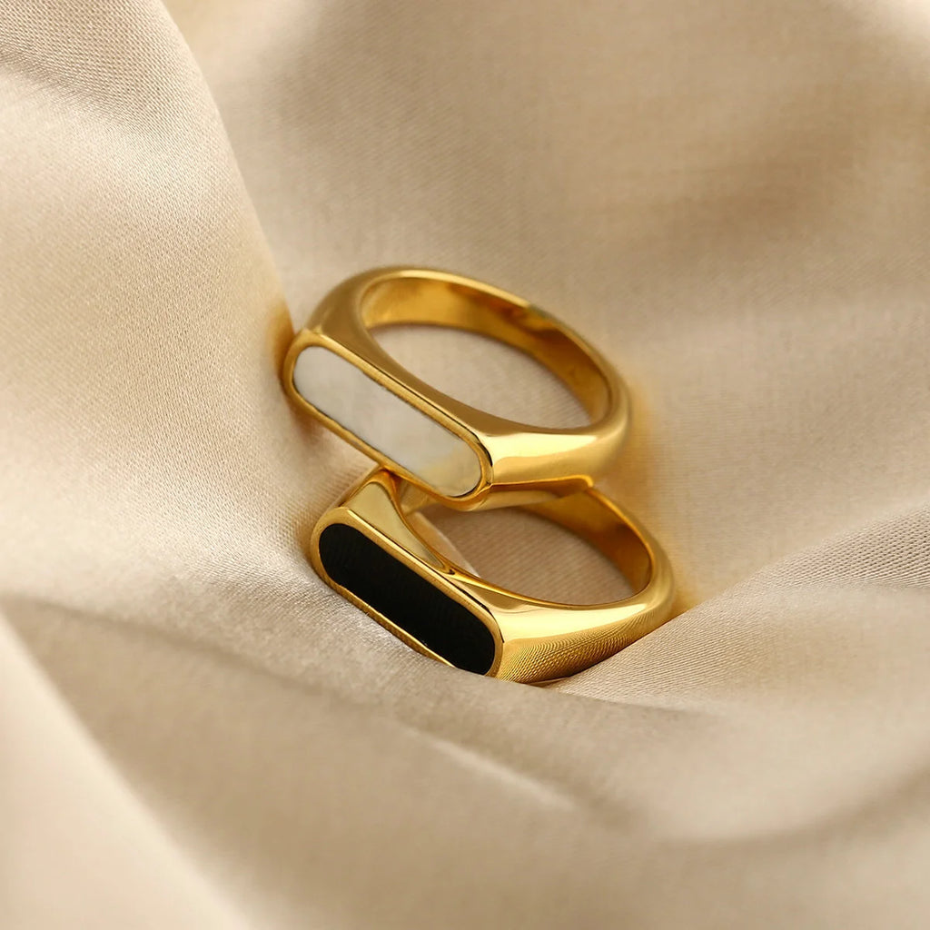 Gold Plated Signet Ring with Black/White Inlay