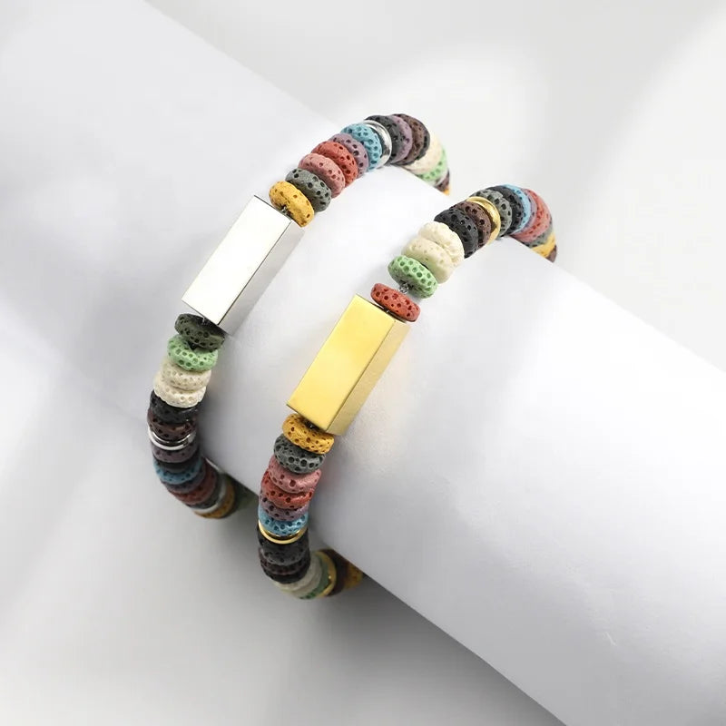 Colorful Volcanic Bead Bracelet with Custom Letter Charm