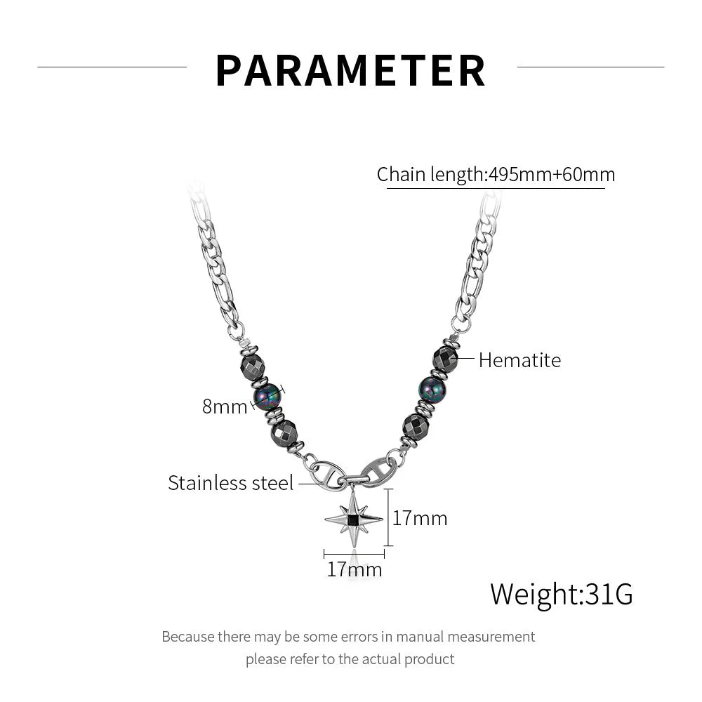 Stainless Steel Figaro Chain with Hematite Star Necklace