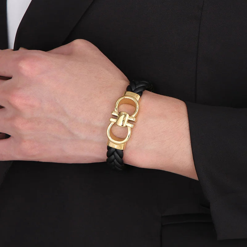 Men's Braided Leather Double D Magnetic Bracelet