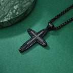 Men's Polished Cross Necklace with Engraved Cubic Zirconia