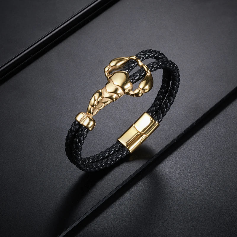 Men's Gold Scorpion Black Braided Leather Magnetic Bracelet