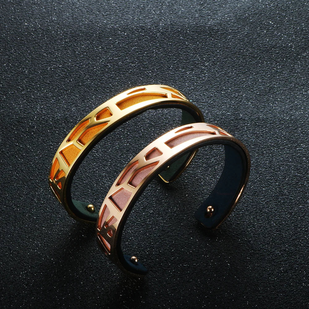 Geometric Steel Cuff Bracelet with Leather Inlay