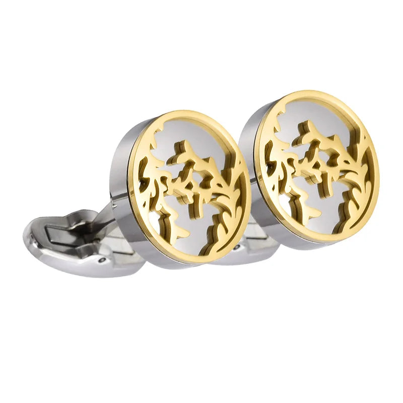 Two-Tone Silver Gold Leaf Cutout Round Cufflinks