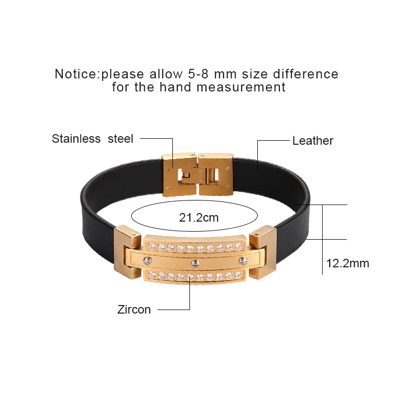 Men's Gold-Tone Stainless Steel Leather Zircon Bracelet