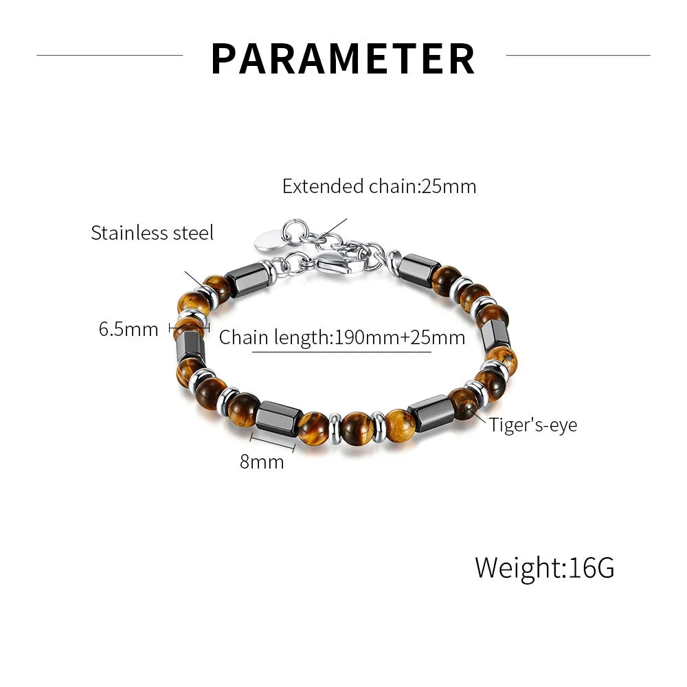 Men's Beaded Bracelet with Tiger's Eye and Stainless Steel