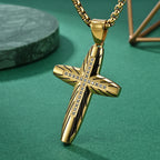 Men's Polished Cross Necklace with Engraved Cubic Zirconia