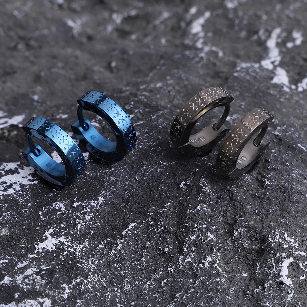 Men's Textured Stainless X-Pattern Hoop Earrings