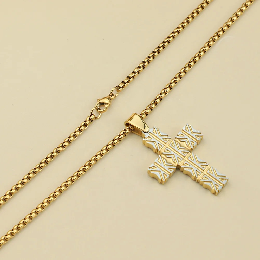 Two-Tone Patterned Cross Pendant Necklace