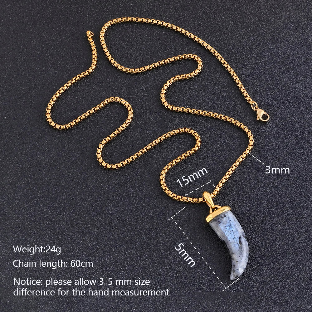 Men's Natural Labradorite Wolf Tooth Pendant Necklace