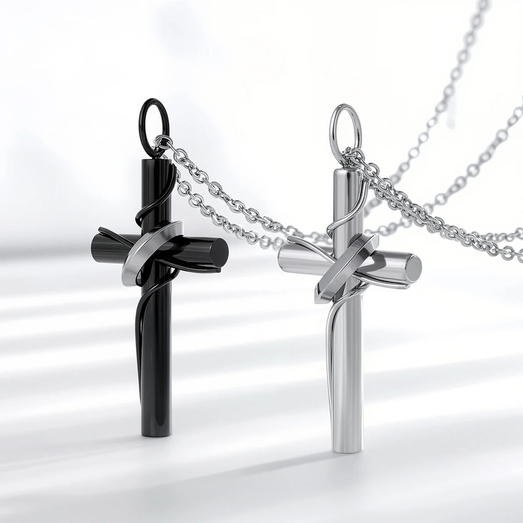Modern Wrapped Cross Stainless Steel Pendant Necklace