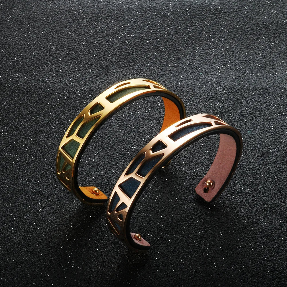 Geometric Steel Cuff Bracelet with Leather Inlay