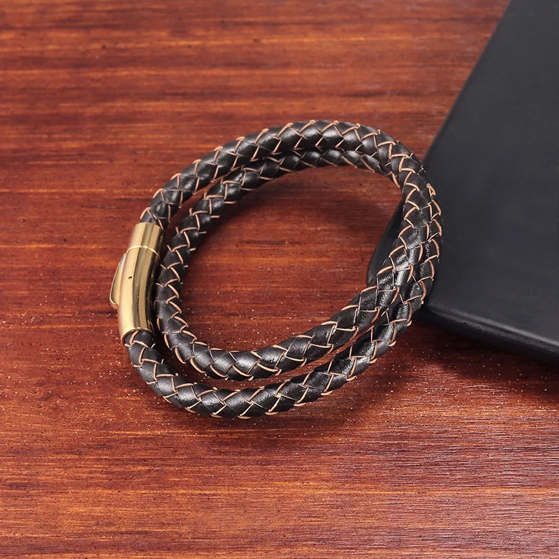 Men's Double Wrap Braided Leather Bracelet
