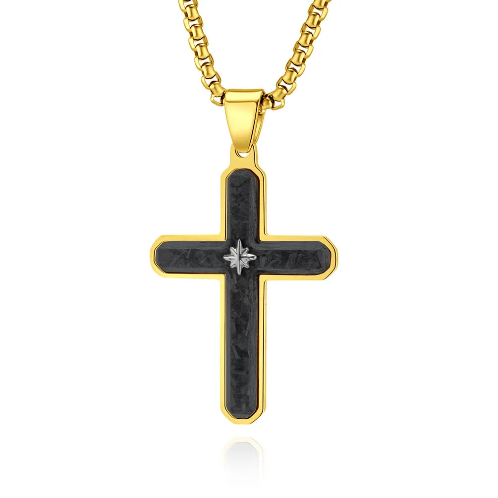 Men's Carbon Fiber Cross Pendant with Star Necklace