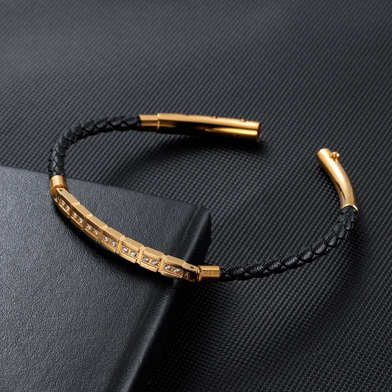 Men's Gold-Plated Braided Leather Cubic Zirconia Bracelet