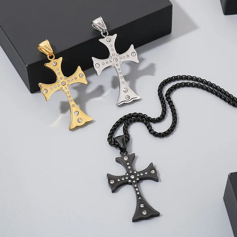 Stainless Steel CZ Cross Pendant Necklace