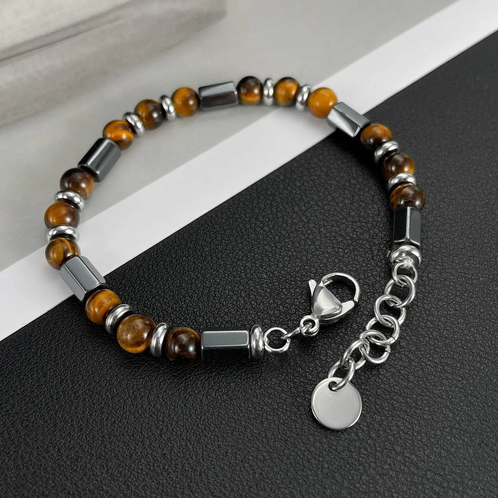 Men's Beaded Bracelet with Tiger's Eye and Stainless Steel