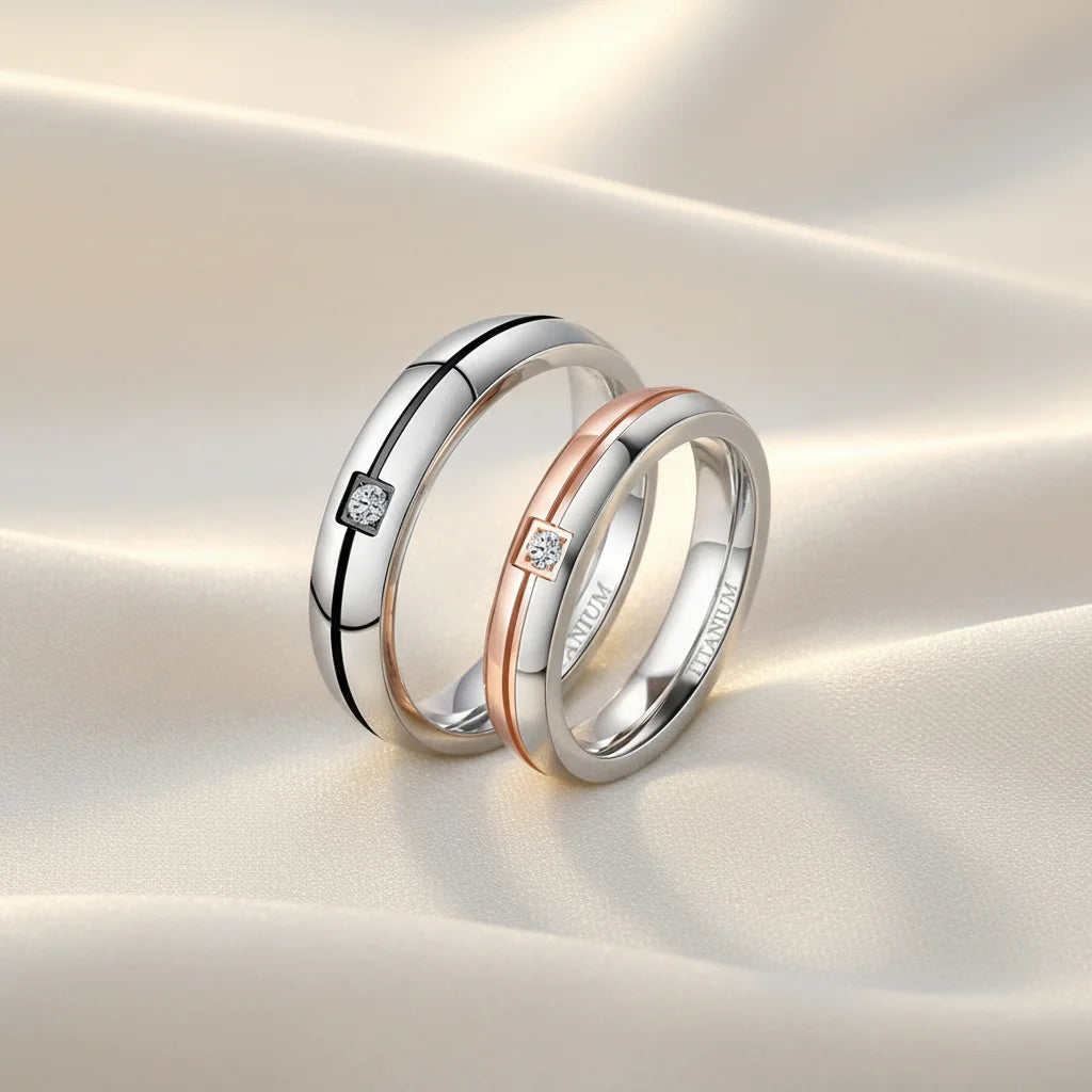 Titanium Couples Wedding Band with Cubic Zirconia Accent