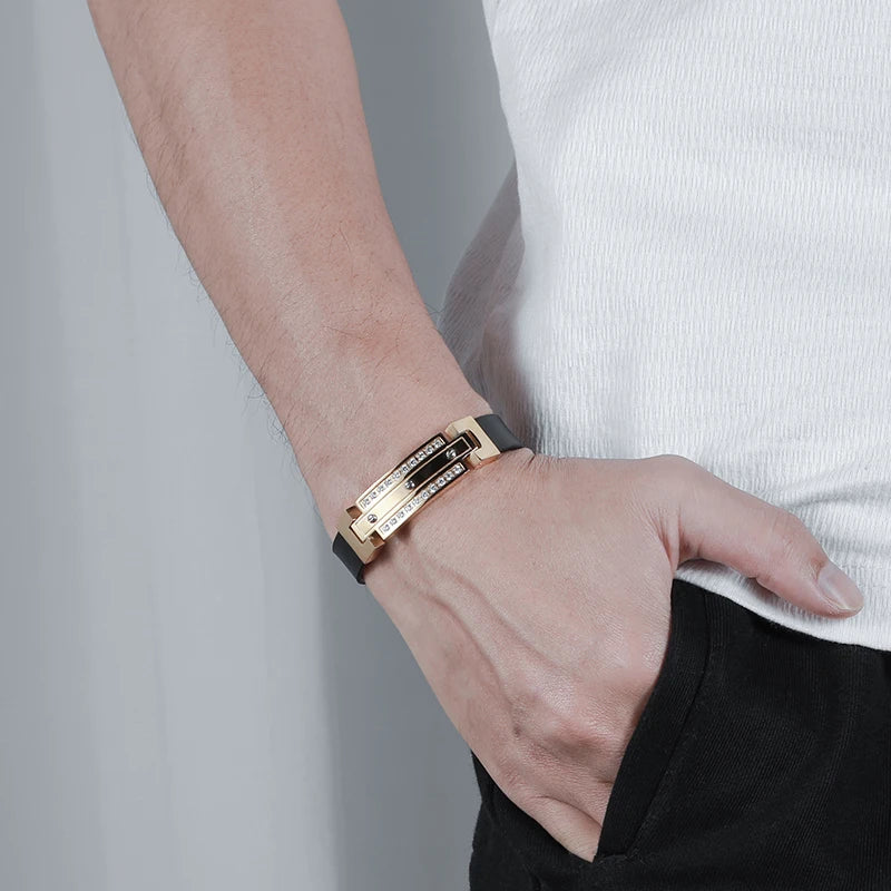 Men's Gold-Tone Stainless Steel Leather Zircon Bracelet