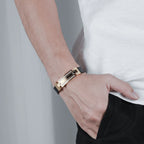 Men's Gold-Tone Stainless Steel Leather Zircon Bracelet