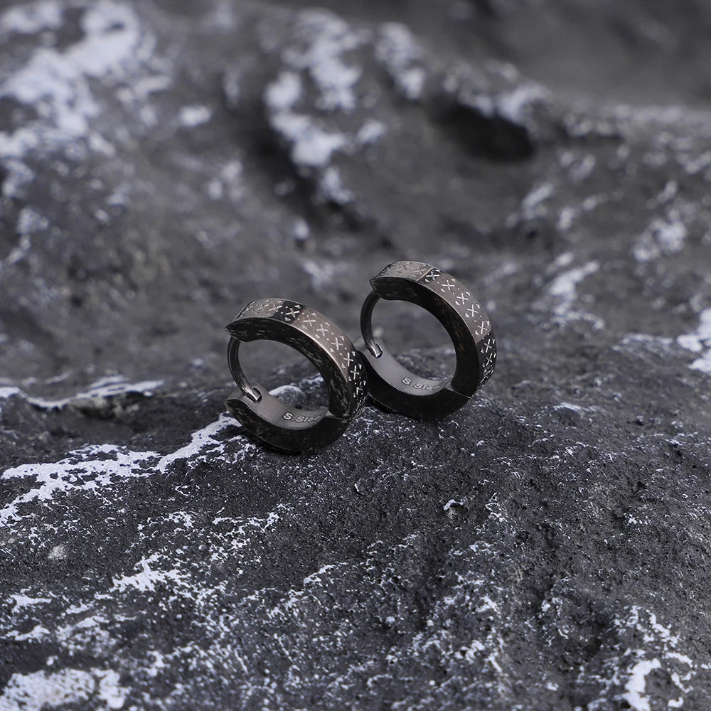 Men's Textured Stainless X-Pattern Hoop Earrings