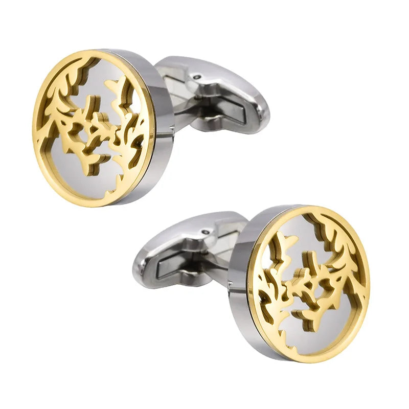 Two-Tone Silver Gold Leaf Cutout Round Cufflinks