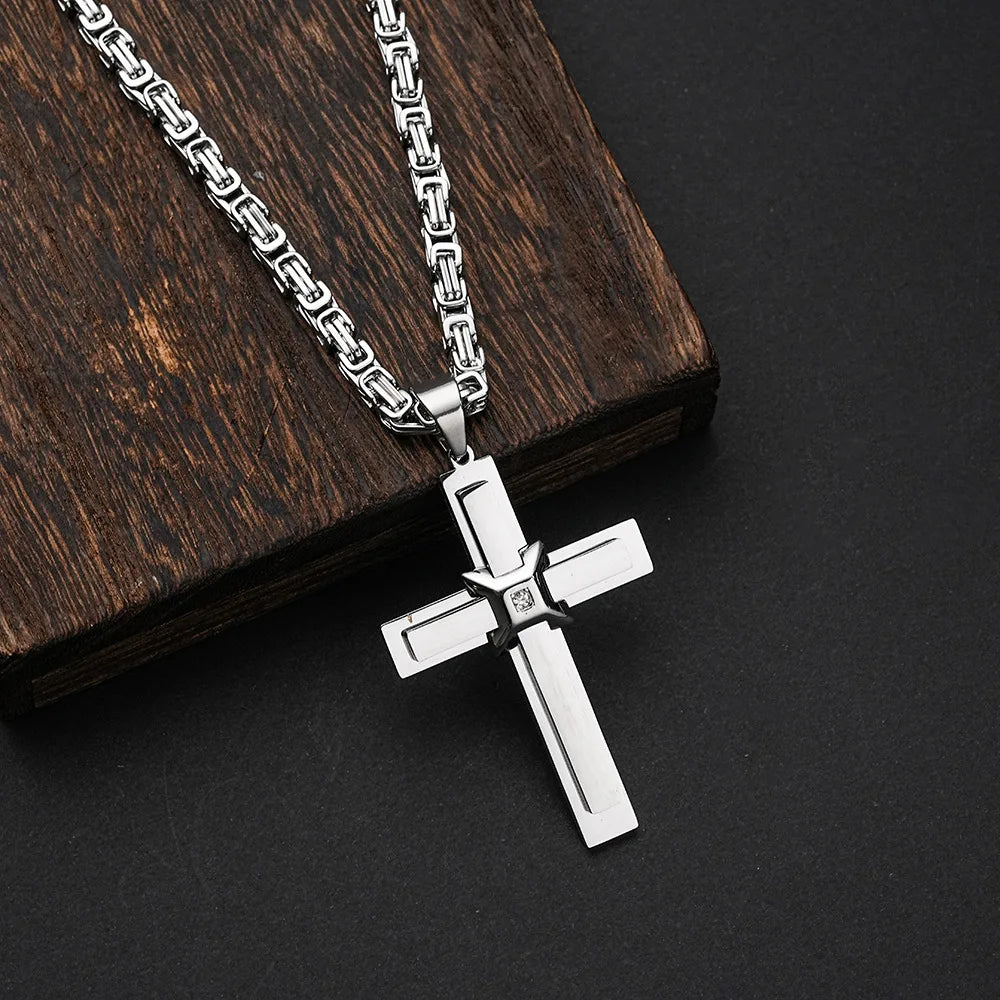 Men's Two-Tone Cross Pendant Byzantine Chain Necklace
