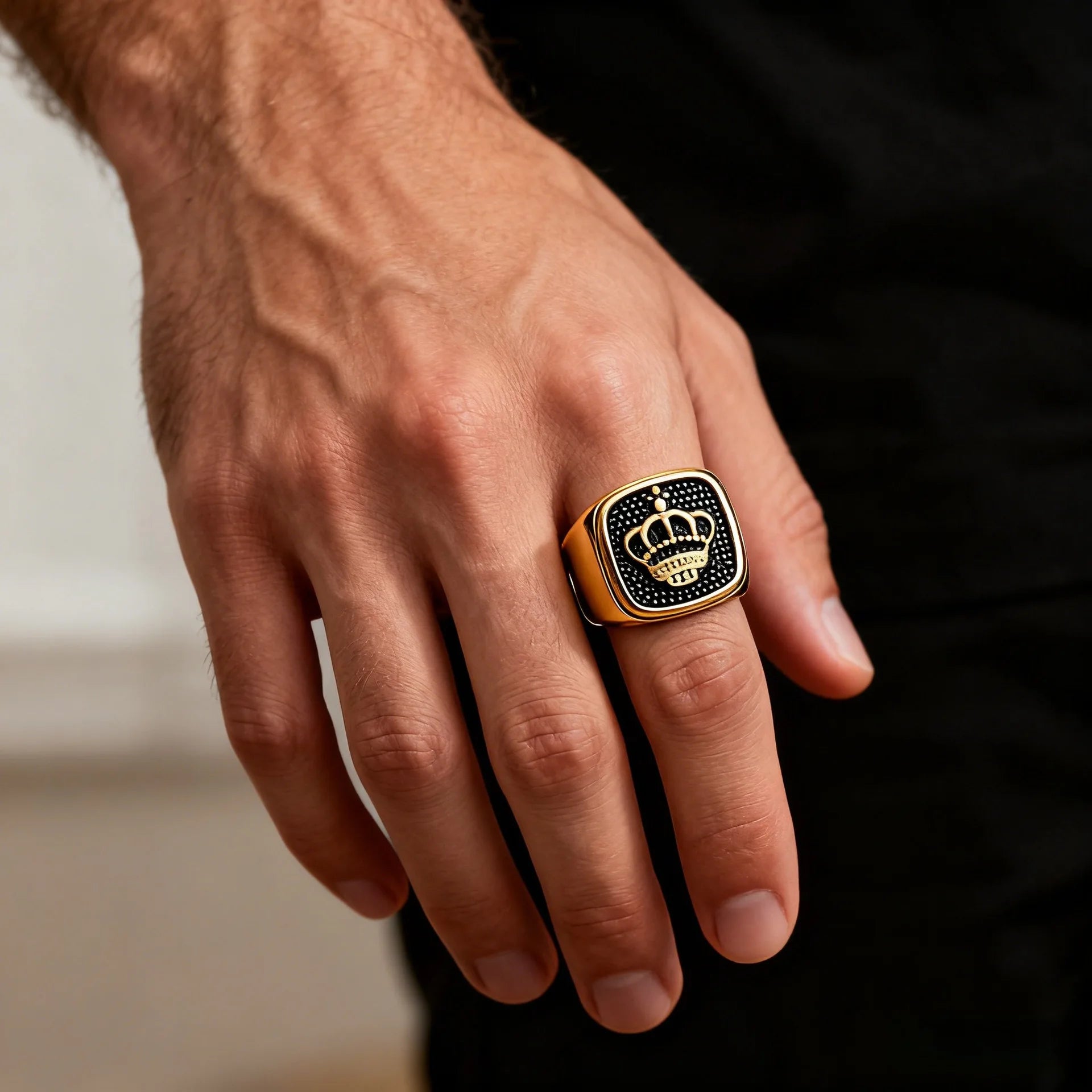Gold-Plated Stainless Steel Engraved Crown Signet Ring