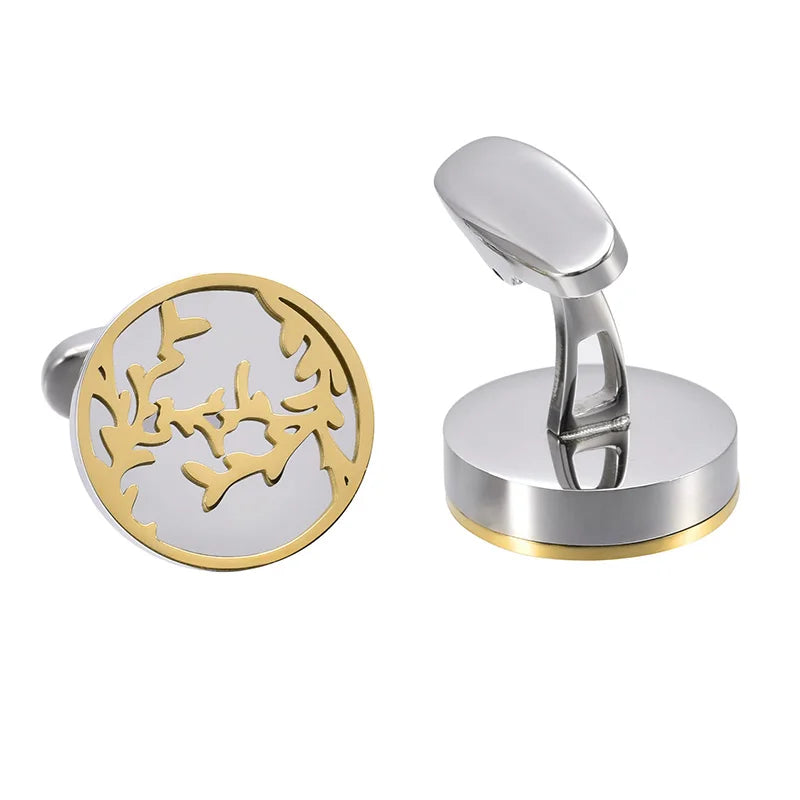 Two-Tone Silver Gold Leaf Cutout Round Cufflinks