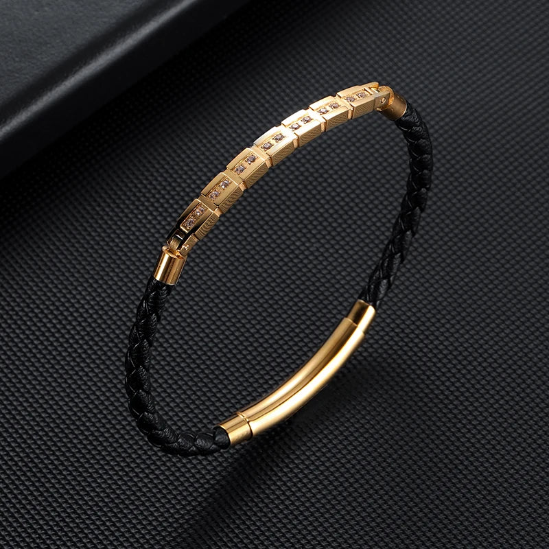 Men's Gold-Plated Braided Leather Cubic Zirconia Bracelet