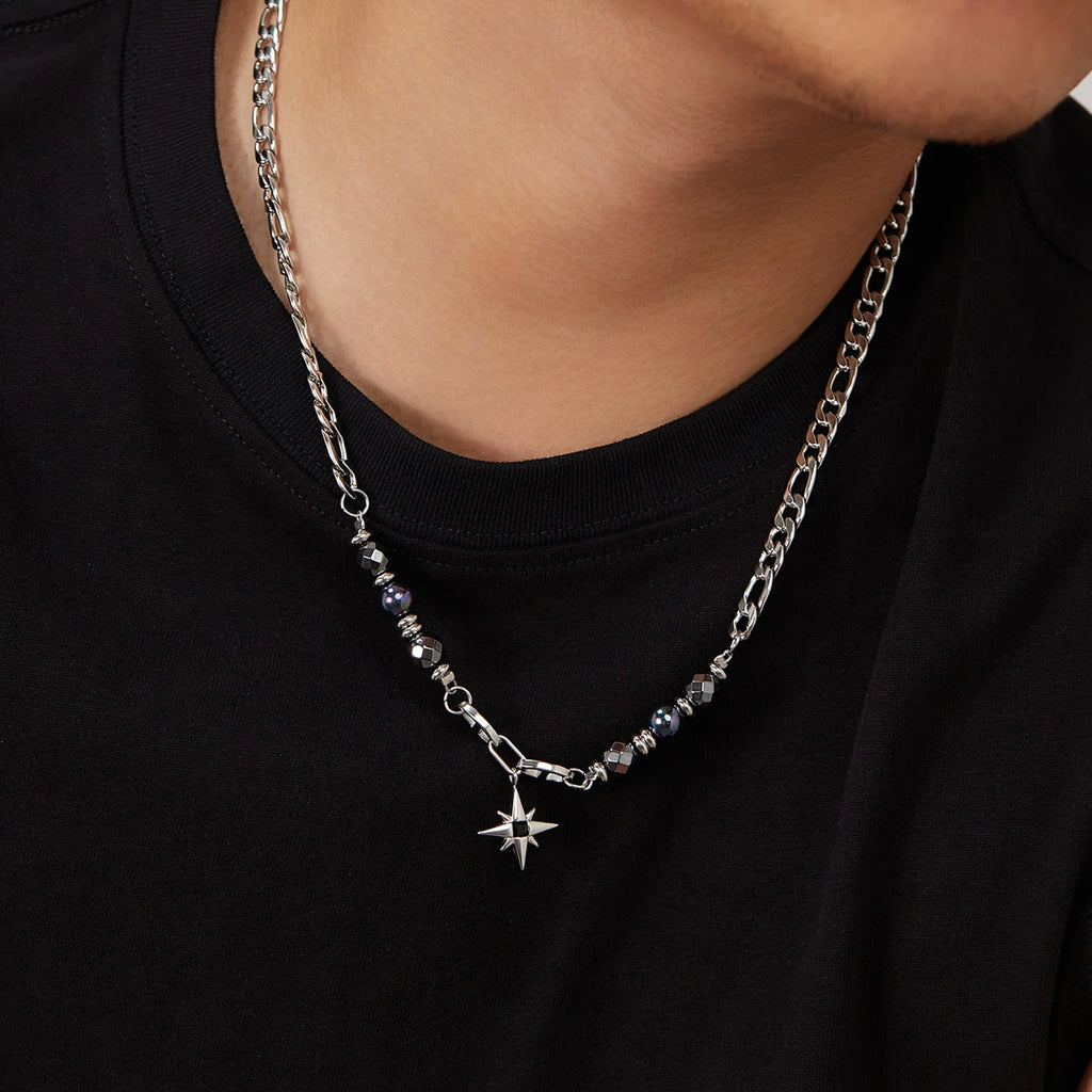 Stainless Steel Figaro Chain with Hematite Star Necklace