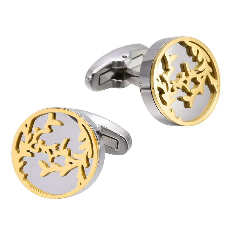 Two-Tone Silver Gold Leaf Cutout Round Cufflinks