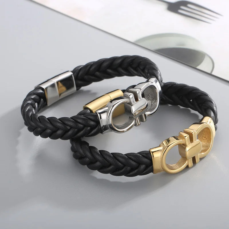 Men's Braided Leather Double D Magnetic Bracelet