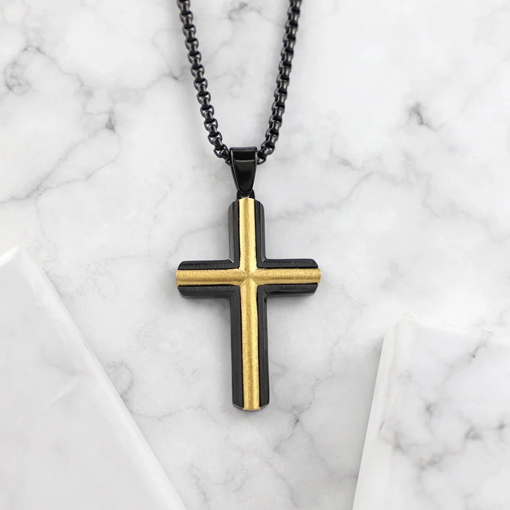 Men's Black and Gold Cross Pendant Necklace
