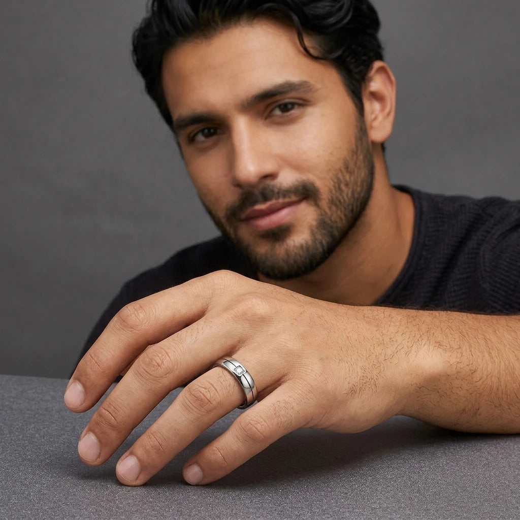 Titanium Couples Wedding Band with Cubic Zirconia Accent