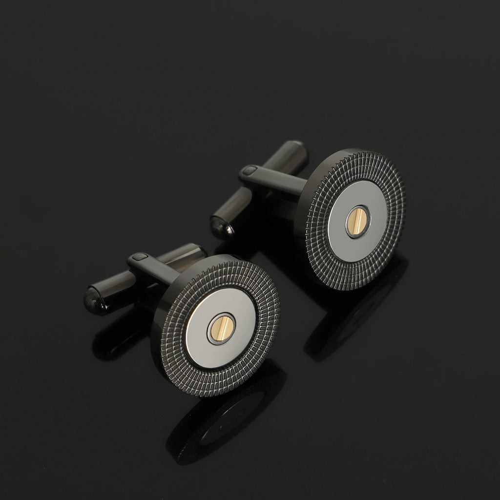 Black Textured Steel Cufflinks with 18K Gold Plated Bar
