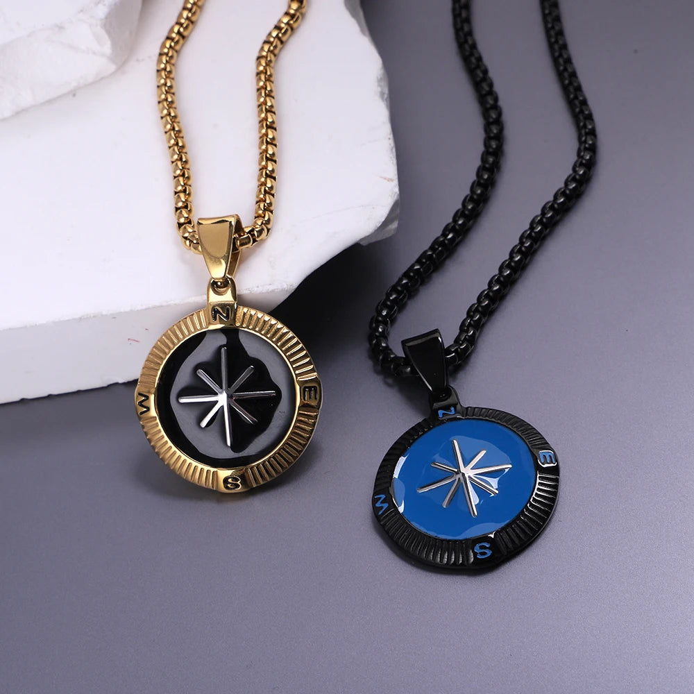 Men's Compass Pendant Necklace with Box Chain