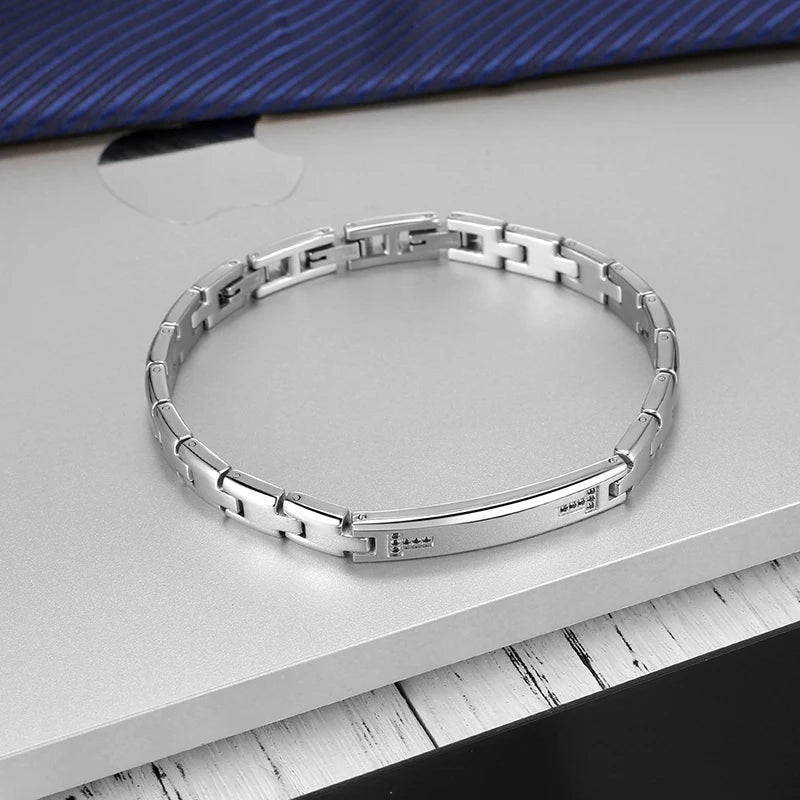 Men's Stainless Steel Bar Bracelet with Black Zircon
