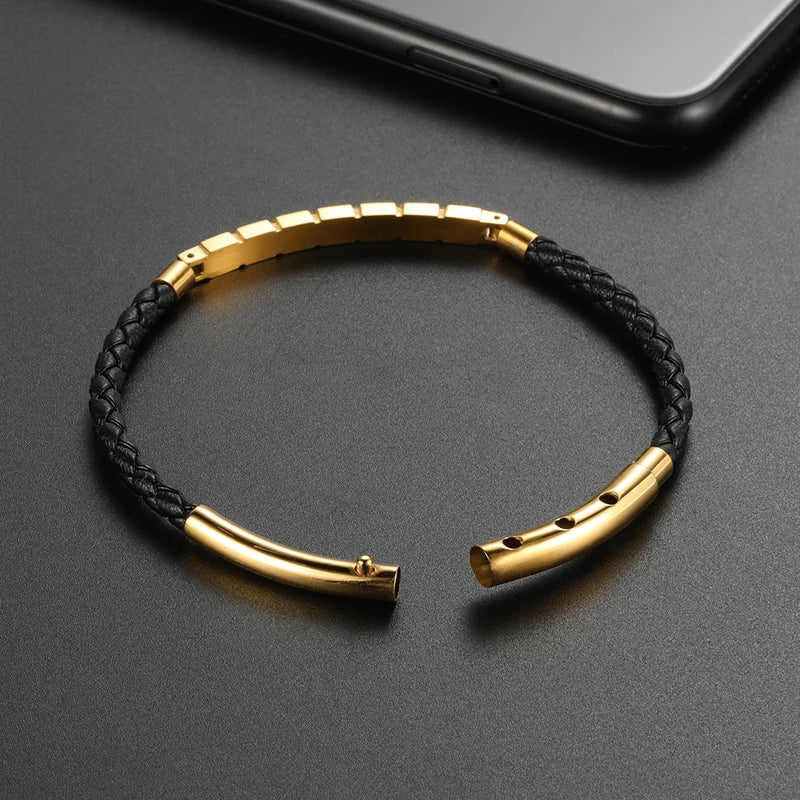 Men's Gold-Plated Braided Leather Cubic Zirconia Bracelet