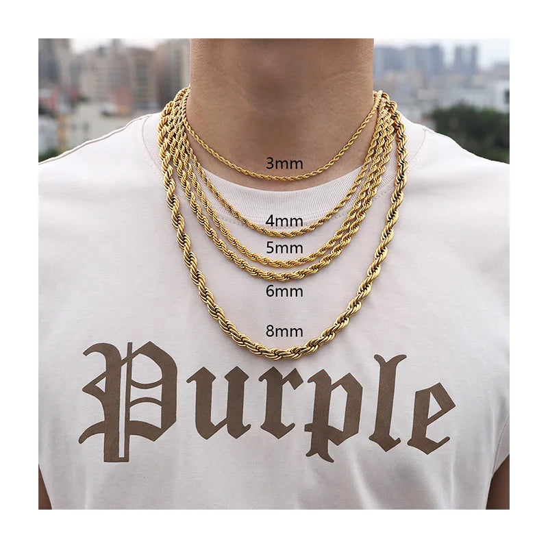Gold Plated Stainless Steel Twisted Rope Chain Necklace
